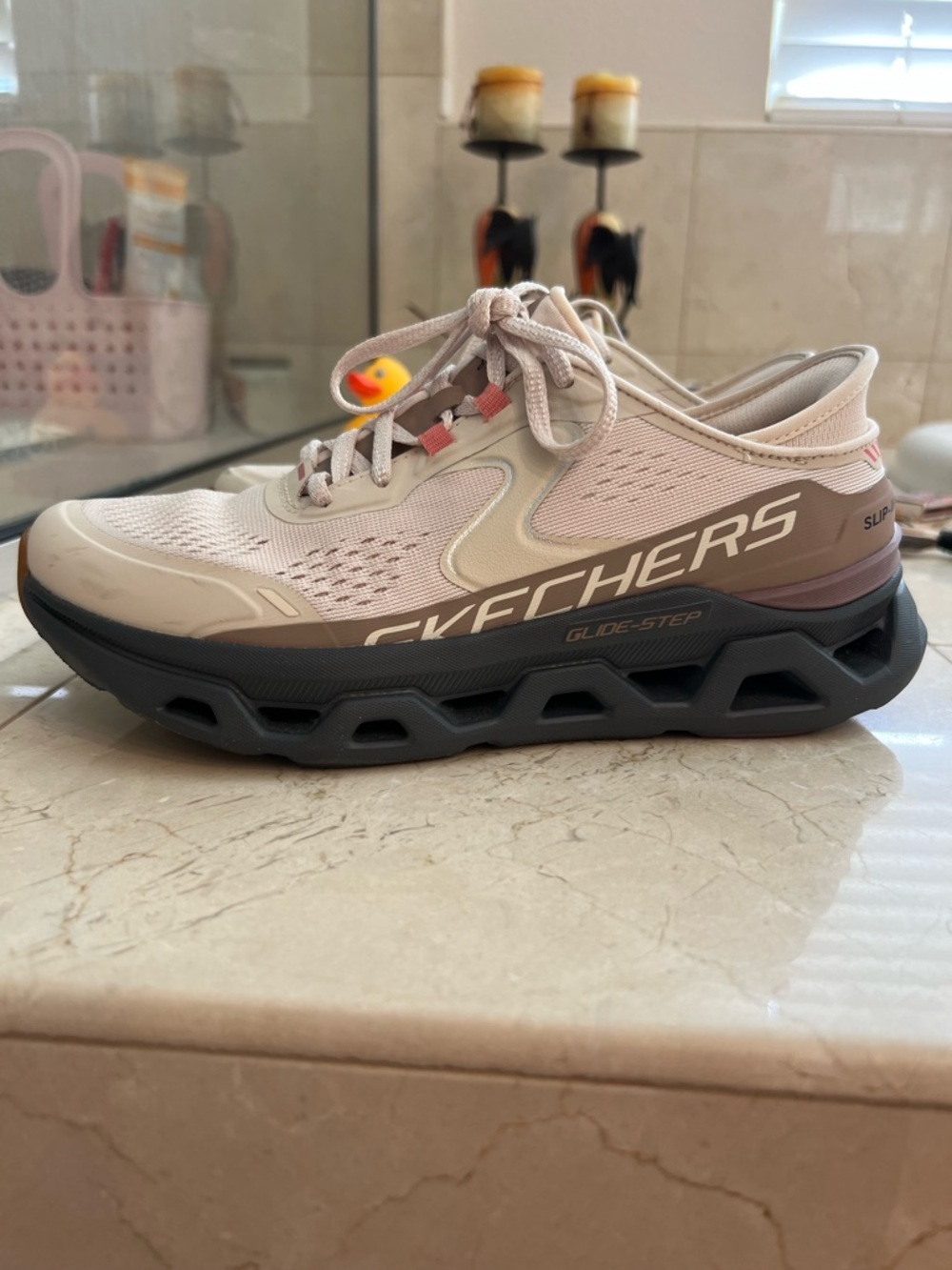 Skechers Glide-Step Women’s Athletic Sneakers in  Taupe and cream